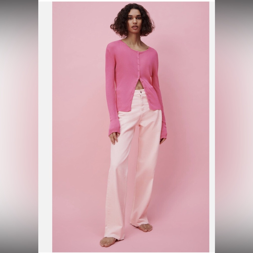 Zara pink button down sweater top raw edges.